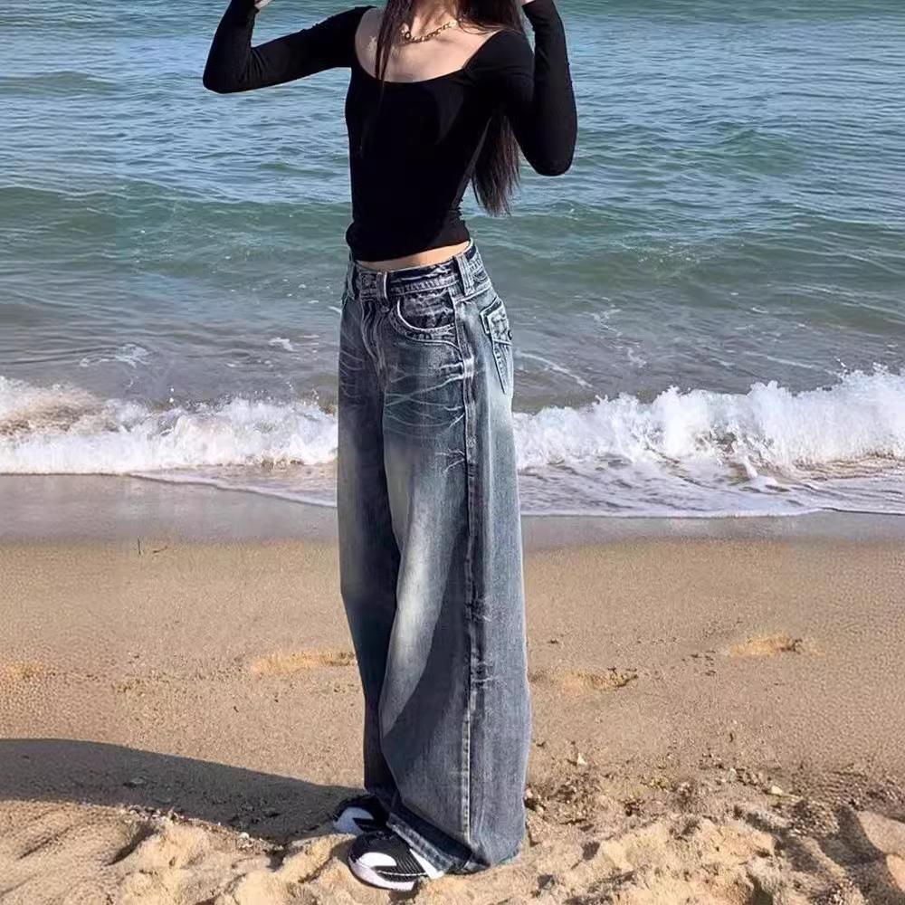 American retro washed wide-leg jeans y2k street cat whisker pattern design sense loose straight mopping trousers women