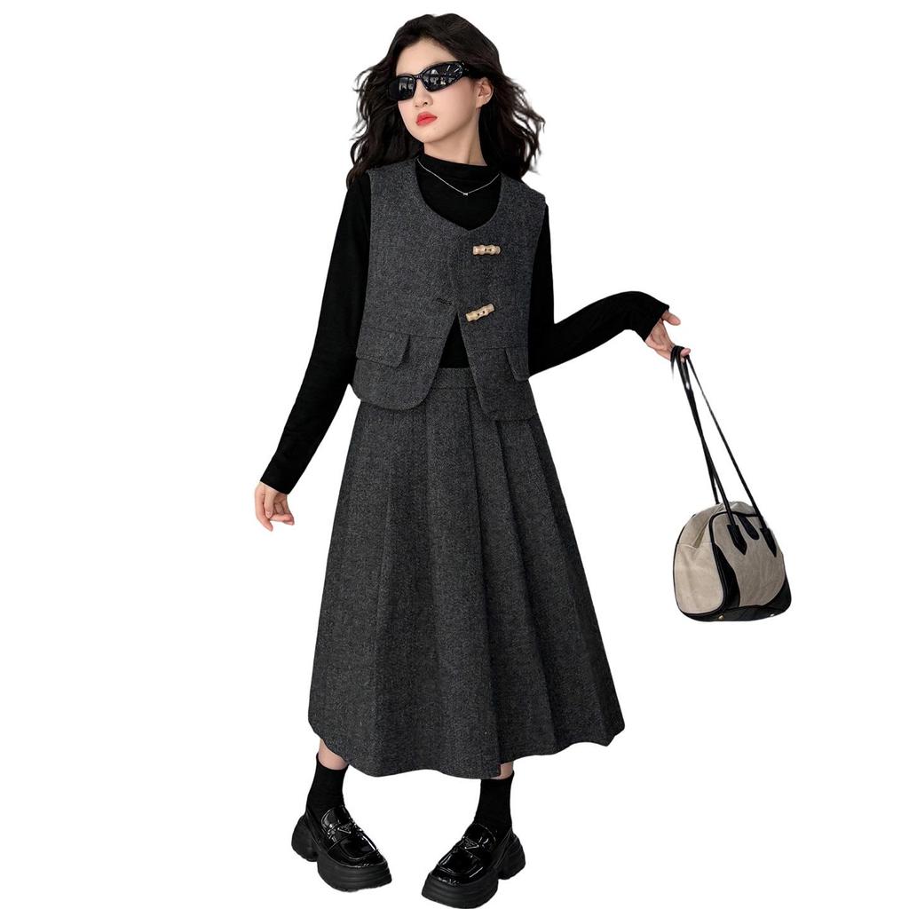 Стильный серый комплект из жилета и юбки для девочек на весну/осень 2025 года