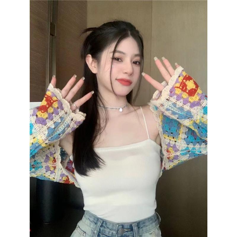 Винтажный красочный ажурный вязаный кардиган с длинными рукавами, женский осенний кардиган, короткие шикарные топы