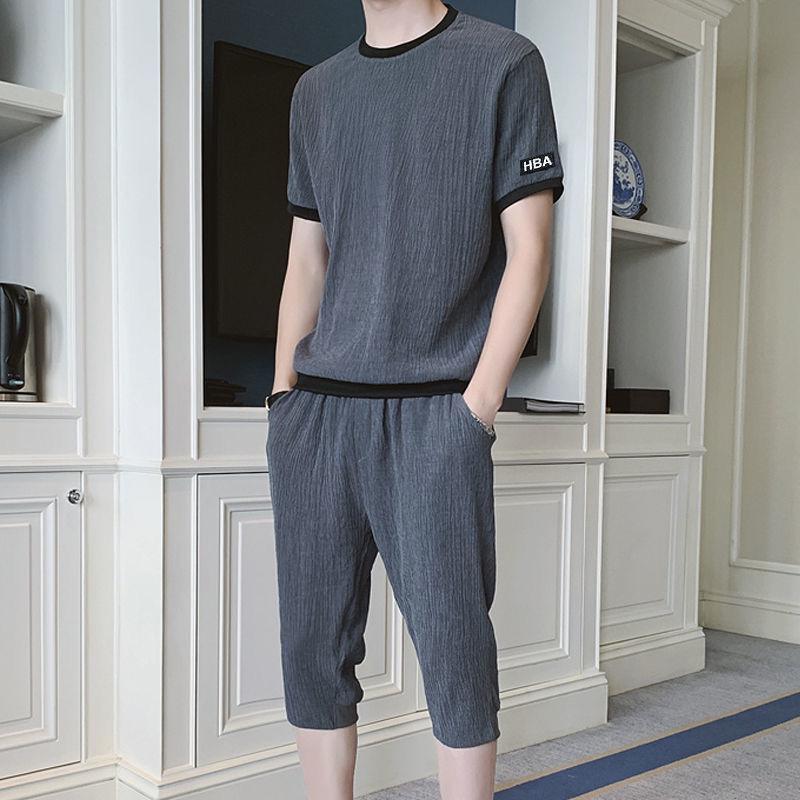 Men's Summer Ice Silk Two-Piece Set: Short-Sleeve Shirt and Cropped Pants, Loose Fit, Casual Sports Style, Large Size Available.