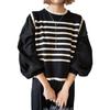 Tamglean Quion Knit Top with Balloon and Horizontal Crew Relaxed Ribbed Faux Layered and Mixed Women's Sleeves, Layering, Stripes. Lightweight,