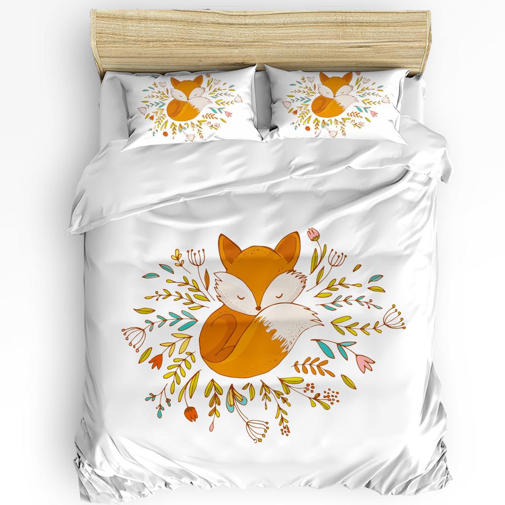 Cartoon Animal Cute Fox Flower White Bedding Set 3pcs Duvet Cover Pillowcase Kids Adult Quilt Cover Double Bed Set Home Textile