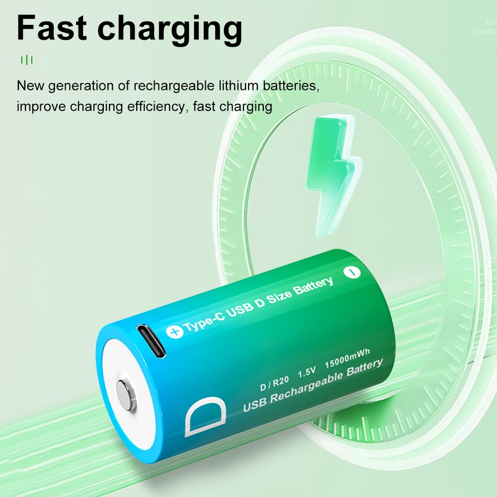1,5 В LR20 15000 мВтч литиевая аккумуляторная батарея размера D с зарядным кабелем Type-C, для фонариков, газовых плит и водонагревателей