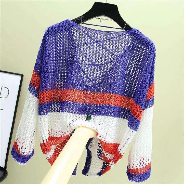 Летняя одежда Ажурная трикотажная рубашка женская полосатая контрастная цветная рубашка с тонким верхом маленькая свежая