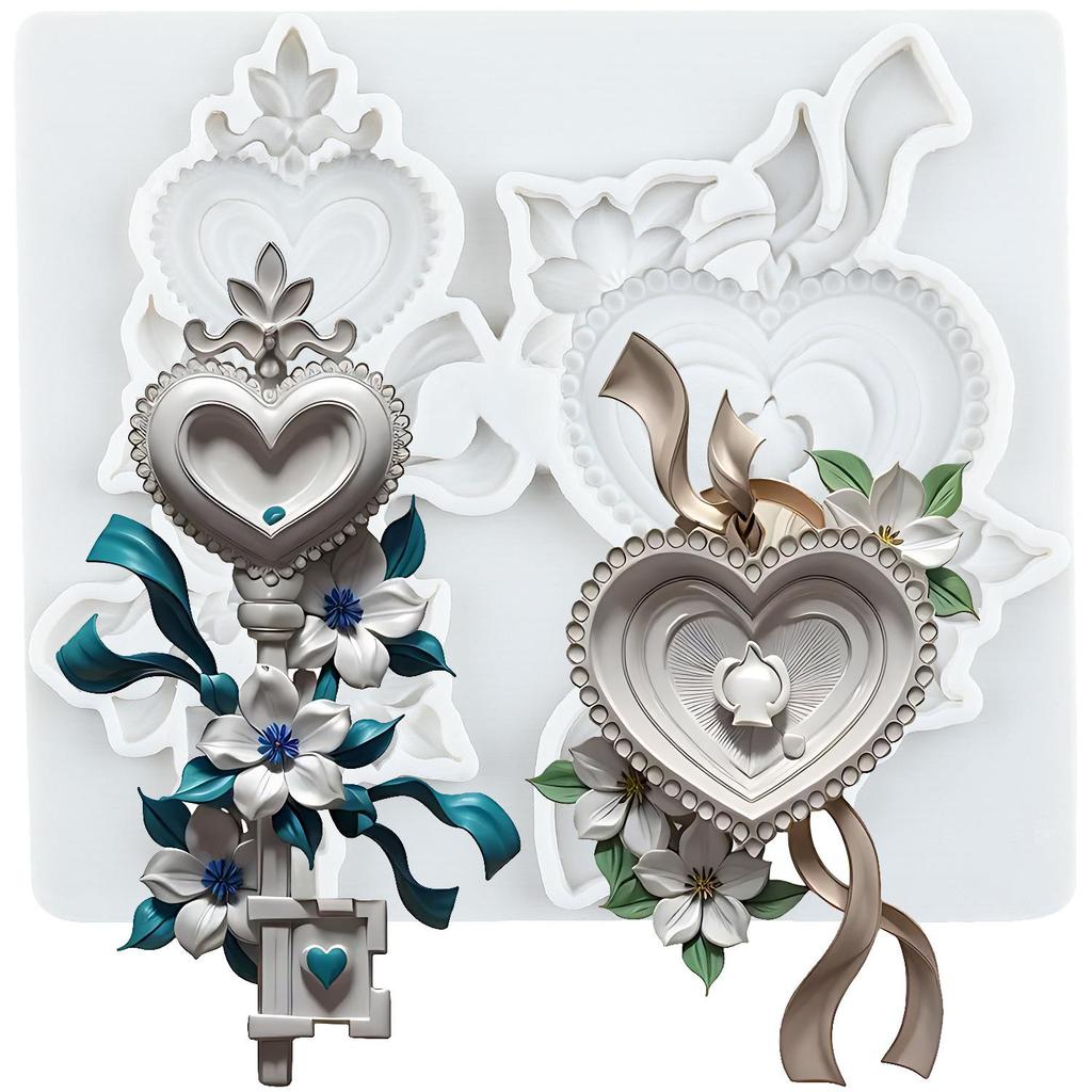 Vintage Key Silicone Molds Heart Lock Keyhole Fondant Mold Cake Decorating Tools Cupcake Topper Chocolate Candy Craft Gum Paste Polymer Clay