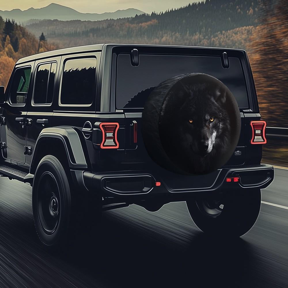 Black Wolf Tire Cover Durable Polyester Spare Wheel Protector for SUV Truck