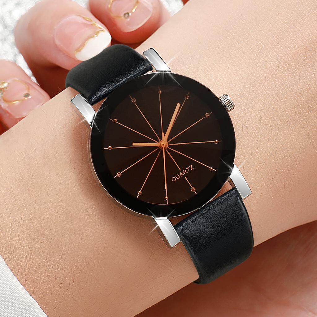 2PCS Fashion Women's Watches Rhinestone Dial Quartz Watch Casual Leather Band Wristwatches