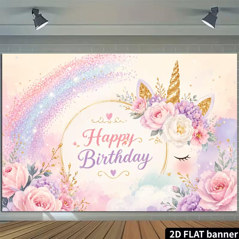 2D Pastel Unicorn Happy Birthday Backdrop Glitter Rainbow Photography Banner