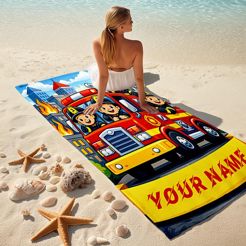 1PC Custom Name Fire Truck Adventure Beach Towel Highly Absorbent And Sand-Resistant Towel for Swimming, Pool, Yoga, And Travel Lightweight