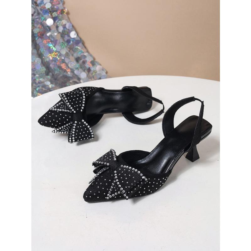 Элегантные босоножки на высоком каблуке с острым носком и украшением в виде банта, маленького размера, со стразами для женщин, лето 2025, новинка, босоножки-стилетто