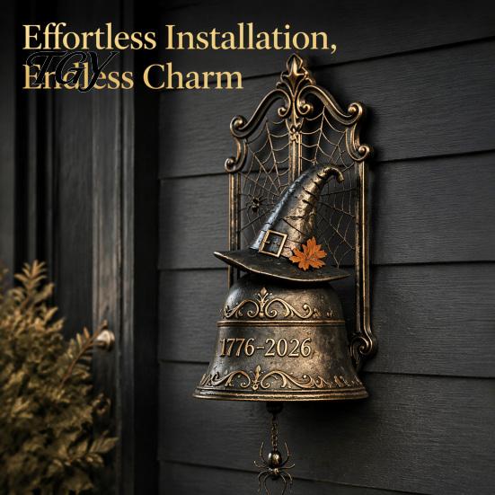 Artistic Creepy Door Bell Witch Hat Spider Web Wall Bell, Vintage Halloween Resin Outdoor Courtyard Call Chime with Pull, Rustic Farmhouse Entryway