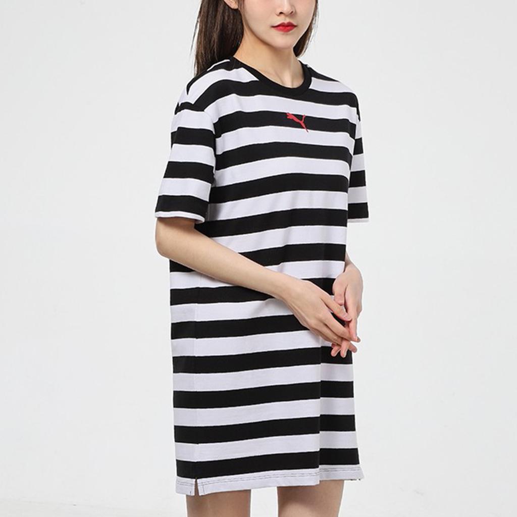 Puma Summer Breathable A-Line Striped All-Over Print Round Neck Short Sleeve Dress Women Dresses Black 845867-01
