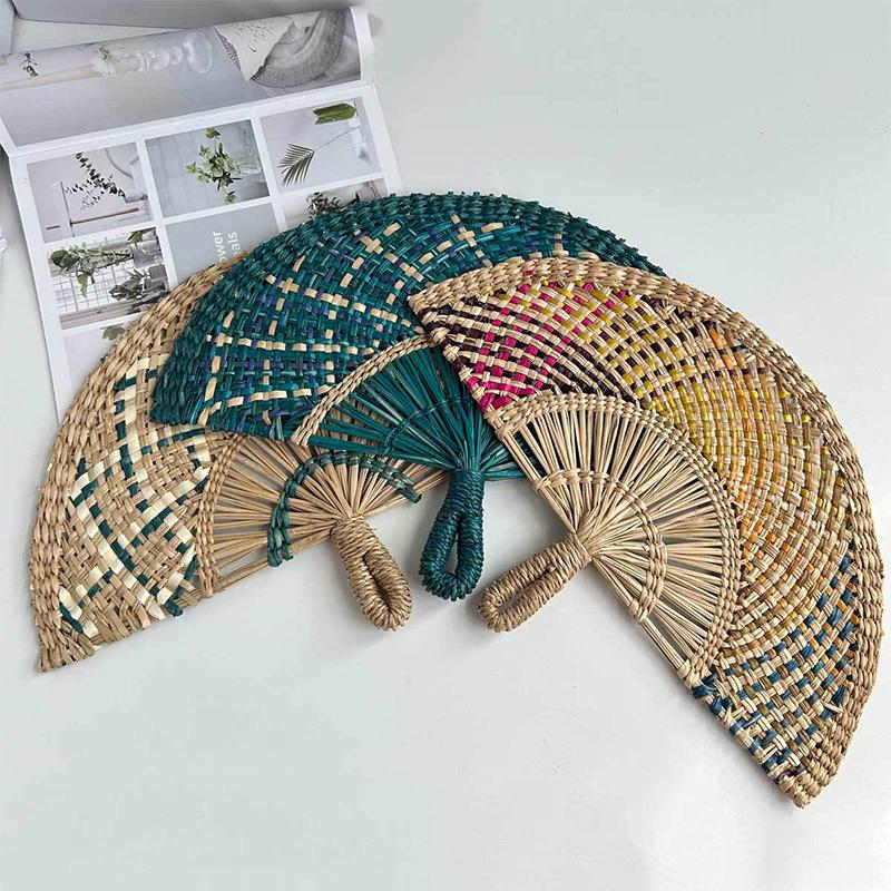 Hand-Woven Straw Fan Decorative Handmade Semicircular Woven Fan Summer Cooling Fan Handheld Fan Gift Home Decor