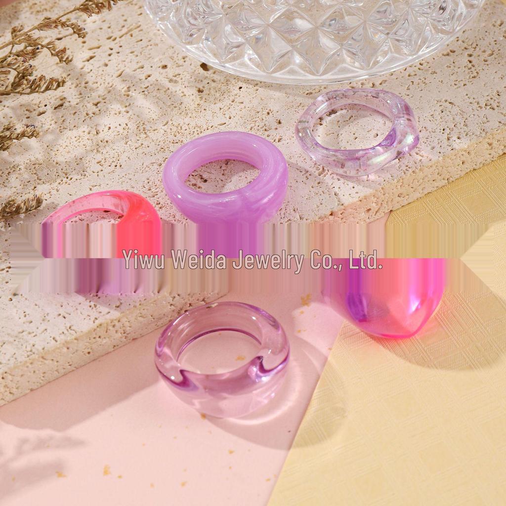 Набор из пяти цветных неправильных круглых колец из смолы и акрила для женщин - Минималистичный нишевый дизайн