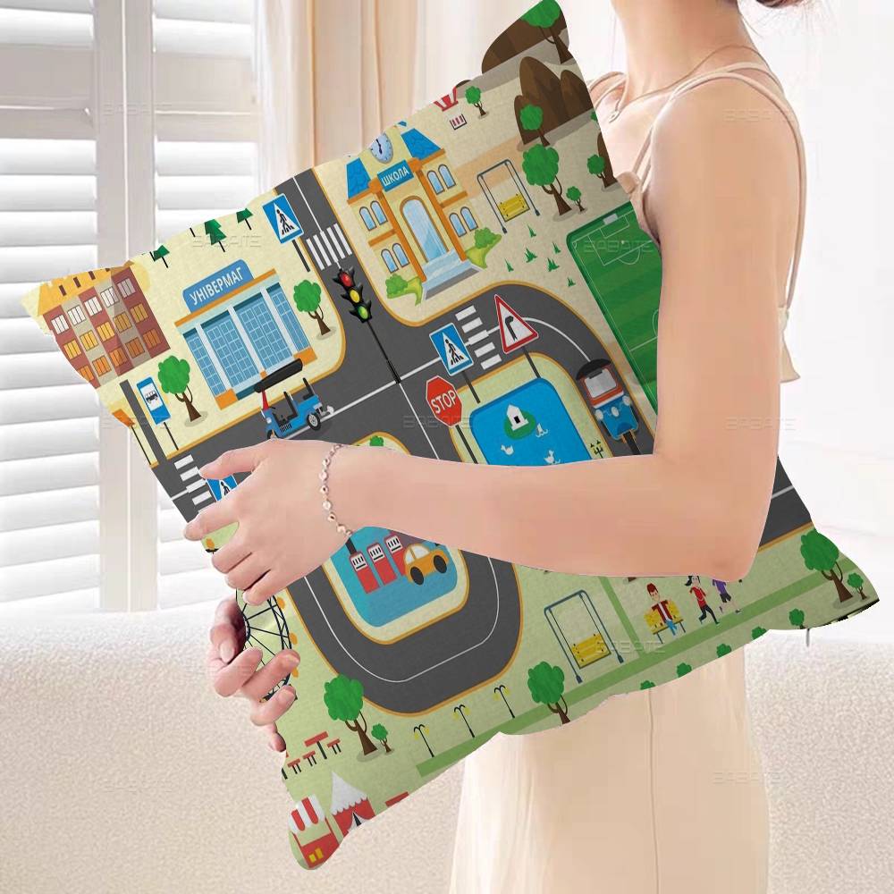 Cartoon Road Cushion Cover Car Throw Pillow Case For Sofa Car Christmas Gift 40x40cm 45x45cm