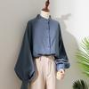 Women Shirt Stand Collar Lantern Long Sleeve Solid Color Shirt Loose Fit Single Breasted Office Lady Shirt