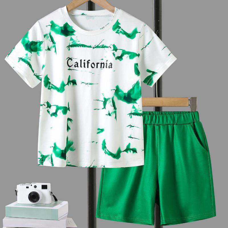 Направленное открытие, горячая распродажа, шорты с короткими рукавами и принтом в виде граффити для мальчиков, костюм из двух частей, повседневный спортивный стиль