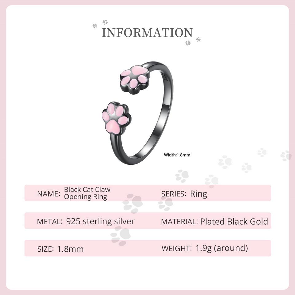 WOSTU 925 Sterling Silver Black Cat Claw Open Rings Size 6-9 Cute Pet Finger Ring for Women Party Original Fine Jewelry