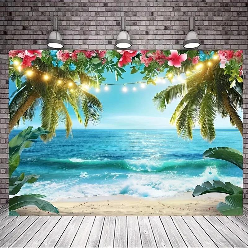 Hawaii Beach Background - Tropical Palm Flower Ocean Studio Luau Party Props and Summer Decoration, Wall Decoration