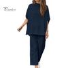 Комплект из 2 предметов: женский топ и брюки, полувысокий воротник, средние рукава, блузка, широкие брюки с эластичной резинкой на талии и карманами, повседневный свободный наряд для отдыха