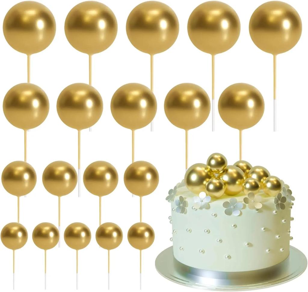 20 Pcs Mini Balloon Cake Topper Decorations with Gold Balls On Sticks - Cake Picks for Birthday, Wedding, and Party Decorations