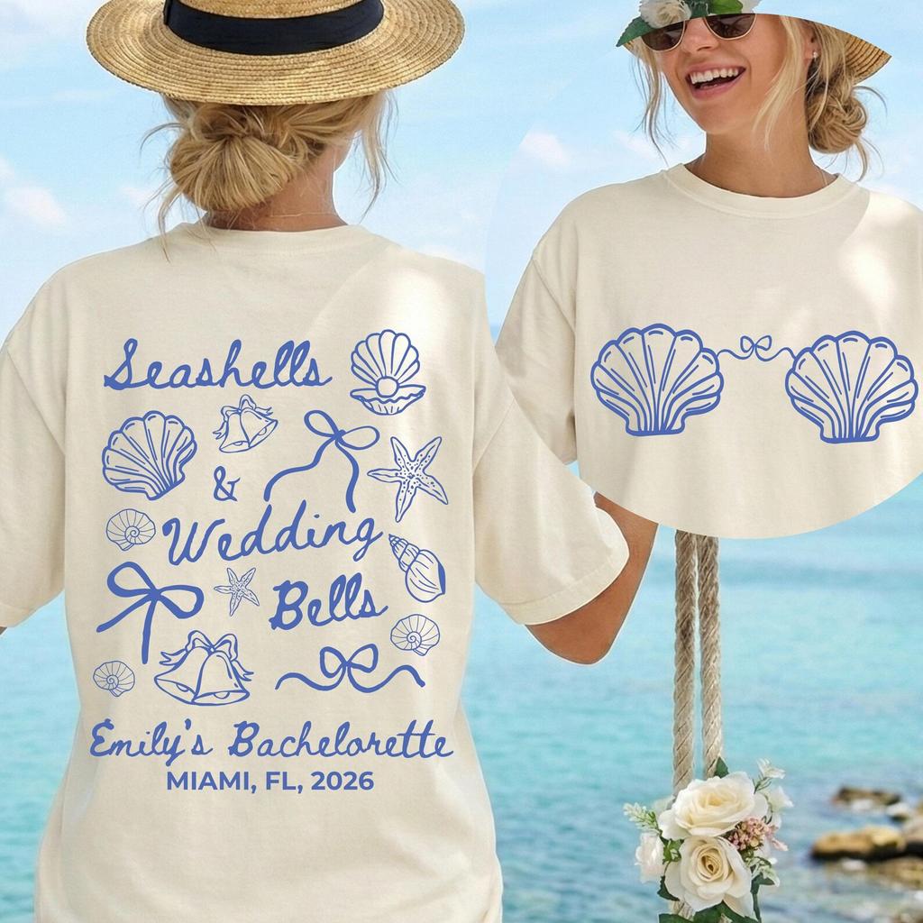 Seashells and Wedding Bells Personalized Bachelorette Party Shirt, Custom Beach Bride Squad Shirt, Girls Trip Tee, Comfort Colors Plus Sizes