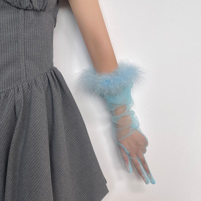 Summer Feather Gauze Thin Sunscreen Long Gloves Personality Tulle Sheer Bride Wedding Gloves Party Accessories