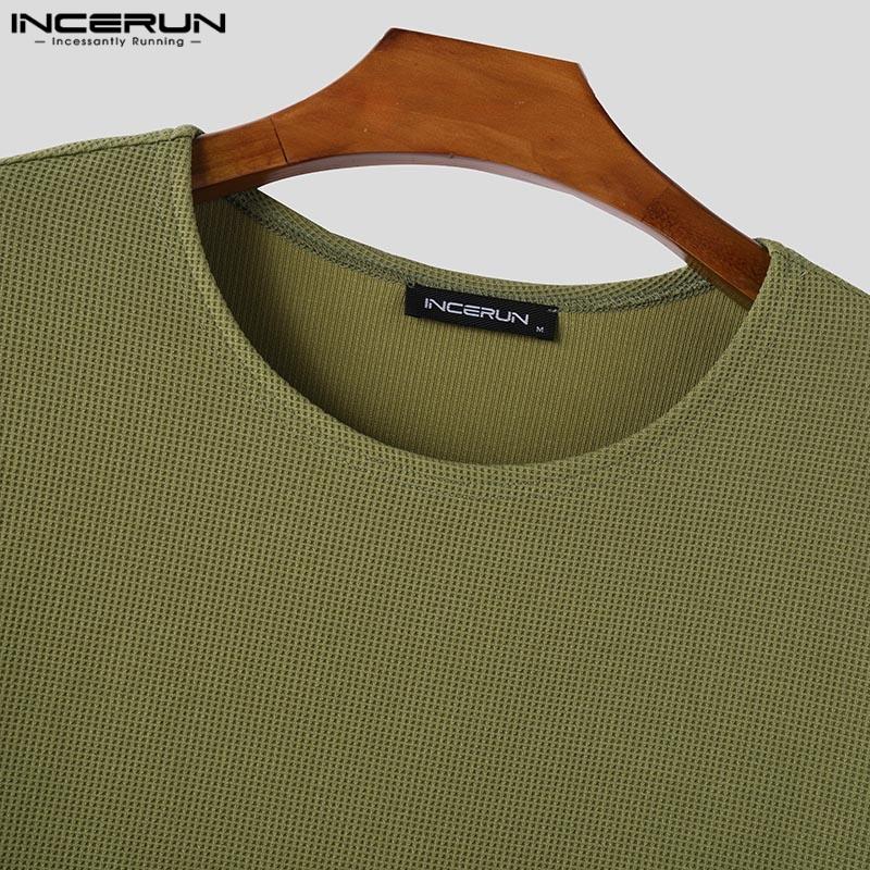 INCERUN Men Round Neck Long Sleeve Texture Waffle Casual Oversized T-shirts