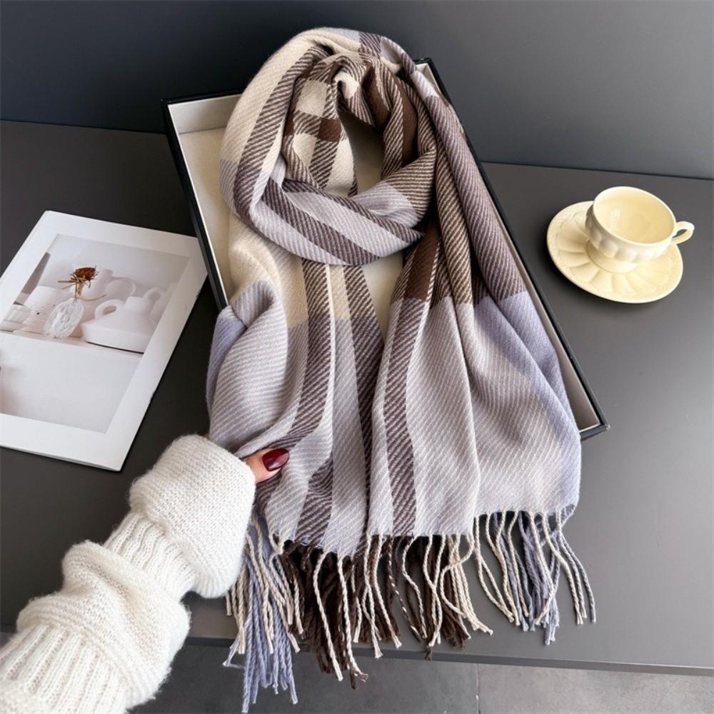 Long Length Warm Scarf Tassel Wool Texture Scarf Fashionable Checkered Scarf Couples
