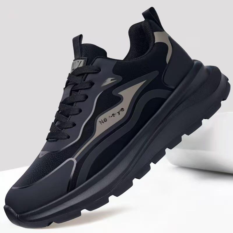 Men Waterproof Height Increasing Casual Shoes Spring Black Leather Soft Thick Sole Versatile Sneakers