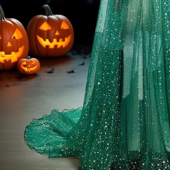 Women Tulle Hooded Cape with Long Train Sparkling Long Sheer Elf Cloak Gothic Witch Robe Costume for Wedding Bride Halloween Cosplay