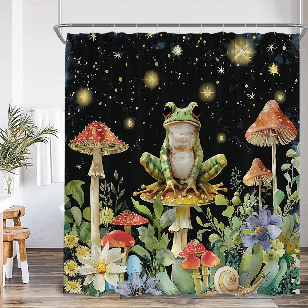Funny Frog Shower Curtain Animal Lotus Leaf Pond Mushroom Rainforest Vintage Summer Bathroom Decor Kid Bath Curtain With Hooks