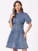 Allegra K Women's Denim Puff Sleeve Dress, Short Sleeve, Collared, Button-Down, A-Line, Casual Jeans Dress, Mid Blue, Size S