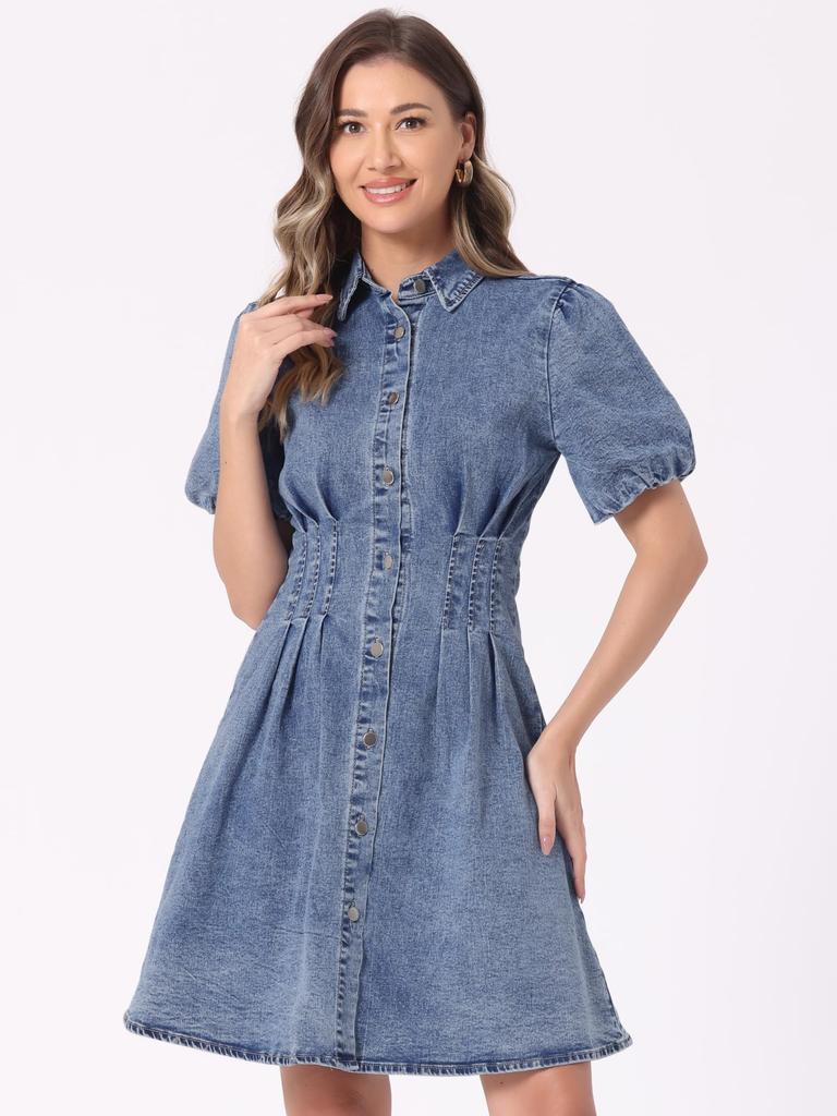 Allegra K Women's Denim Puff Sleeve Dress, Short Sleeve, Collared, Button-Down, A-Line, Casual Jeans Dress, Mid Blue, Size S