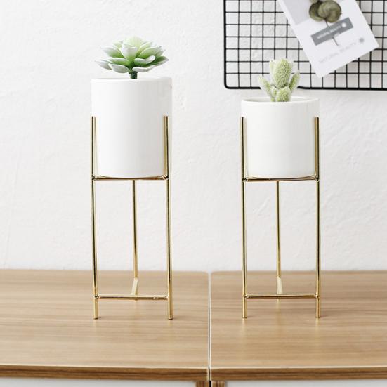1 Set Flower Pot Stylish Iron Frame Flower Stand Elegant Ceramic Flowerpot for Home Office Room Decoration