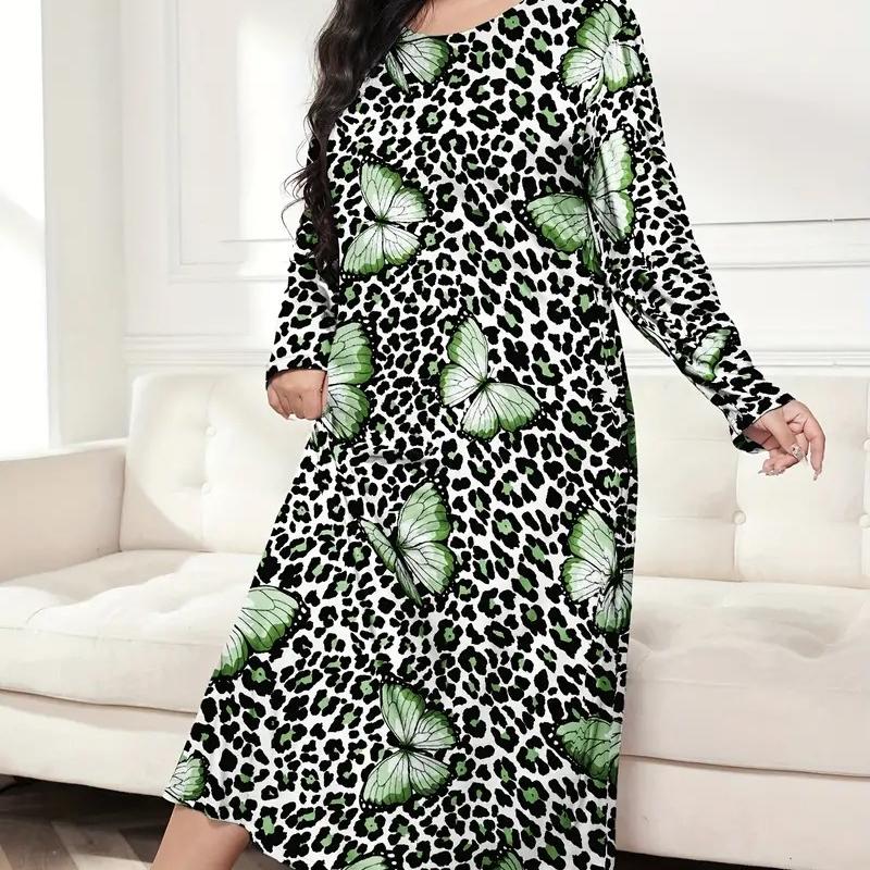 GMXIA Женская мода на лето и весну с леопардовым принтом и сердцем-бабочкой с длинным рукавом и круглым вырезом, свободные повседневные ночные рубашки