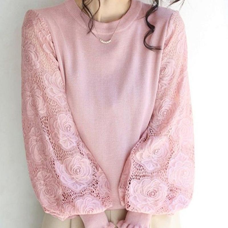 Весна и осень французский стиль кружева сращивание рукава фонарь круглый вырез капюшон свитер женский вязаный свитер верхняя одежда