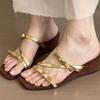 Fashion Summer New Wedge Sandals Women's Square Toe Open Toe Bow Thin Strap Anti-slip Wear-resistant Kitten Heels