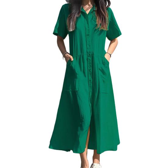 Женское платье с лацканами, короткий рукав, однобортное, повседневное платье с карманами, однотонное