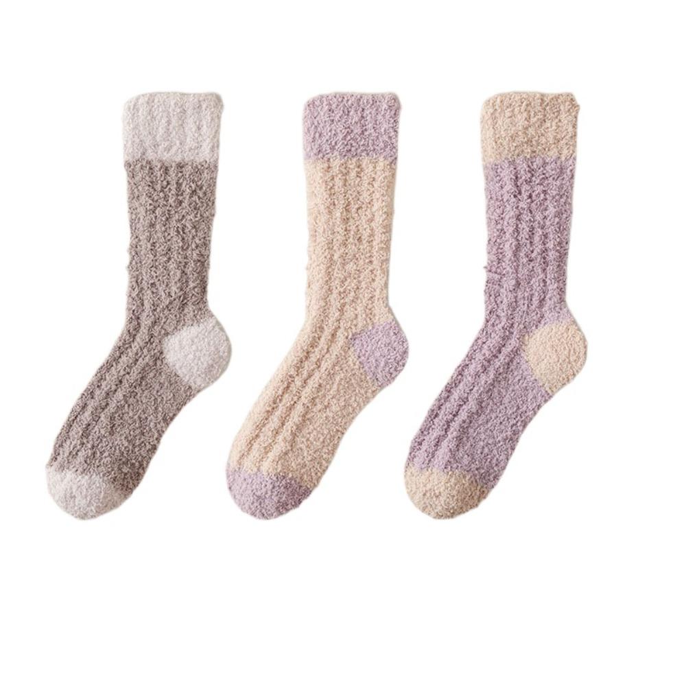 3Pairs Sleeping Coral Fleece Socks Winter Mid Tube Socks Women Solid Color Floor Plush Socks Autumn