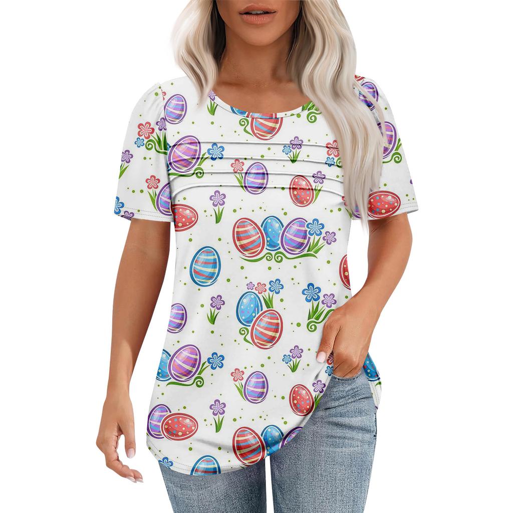 Ladies' Fashionable Printed Round Neck Pleated Short Sleeved Shirt