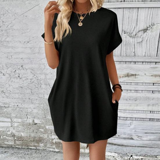 Женское летнее платье, однотонное, с круглым вырезом, с короткими рукавами, свободные боковые карманы, повседневное, дышащее, мягкое, повседневное, для офиса, свиданий, мини-платье