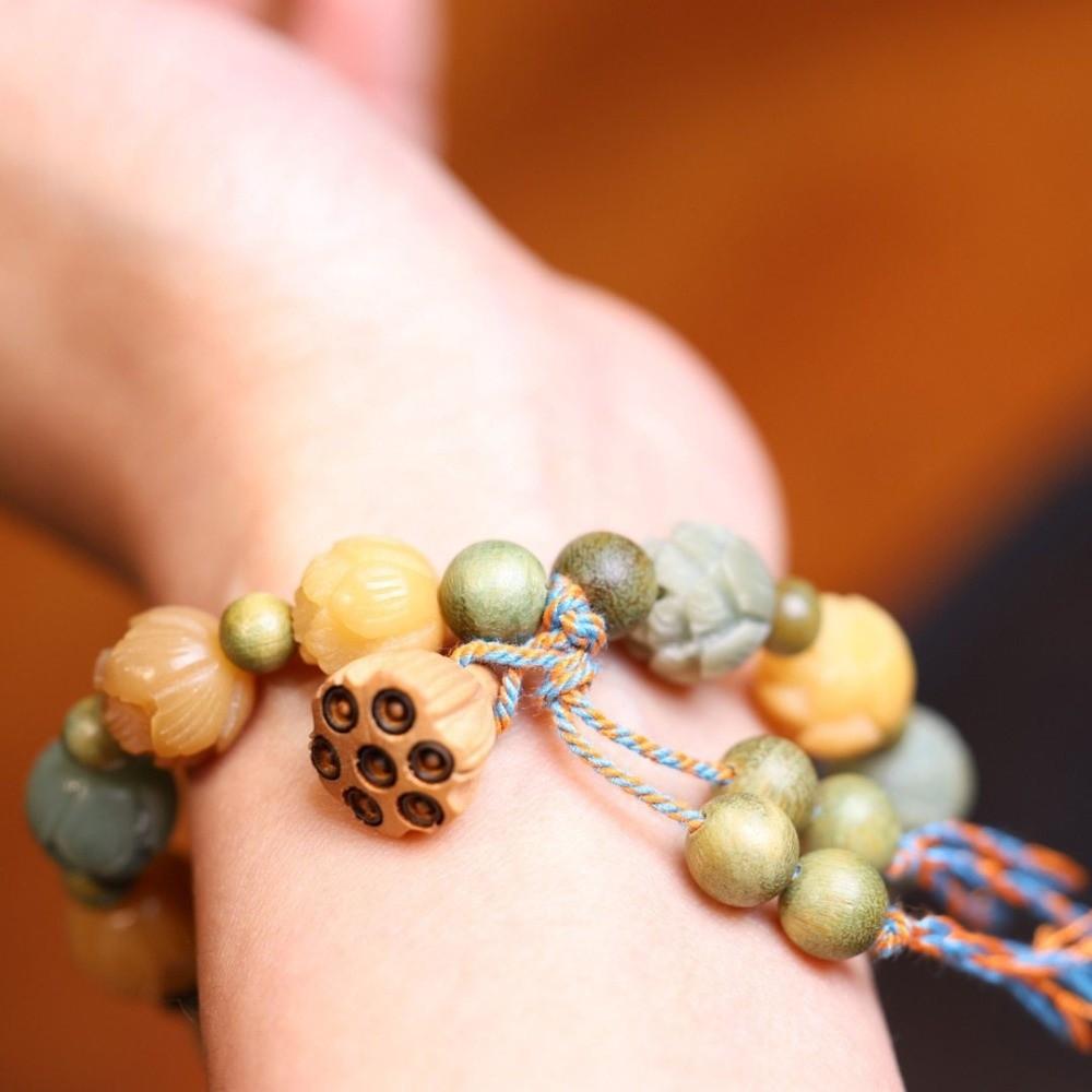Lotus Charm Tibetan Buddha Bracelet Natural Resin Wooden Beads Bracelet  Yoga Practice