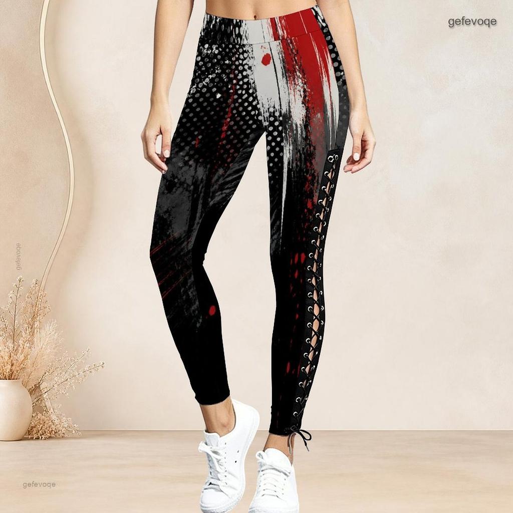 Women Plus Size High Waist Abstract Printed Leggings Side Eyelet Lace Up Full Length Fitted Pants