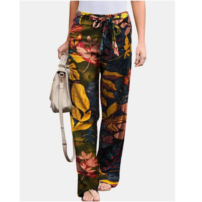 Повседневные удобные женские длинные широкие брюки из хлопка и льна с принтом и эластичной резинкой на талии