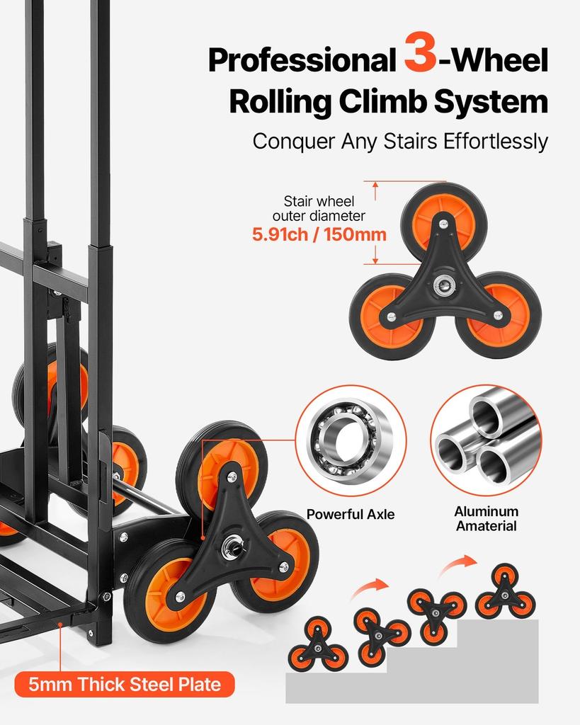 Stair Climbing Cart, 100 kg Stair-Climbing Capacity, Heavy-Duty Folding Trolley Cart with Telescoping Handle, 6 Wheels and 2 Bungee Cords, Stair