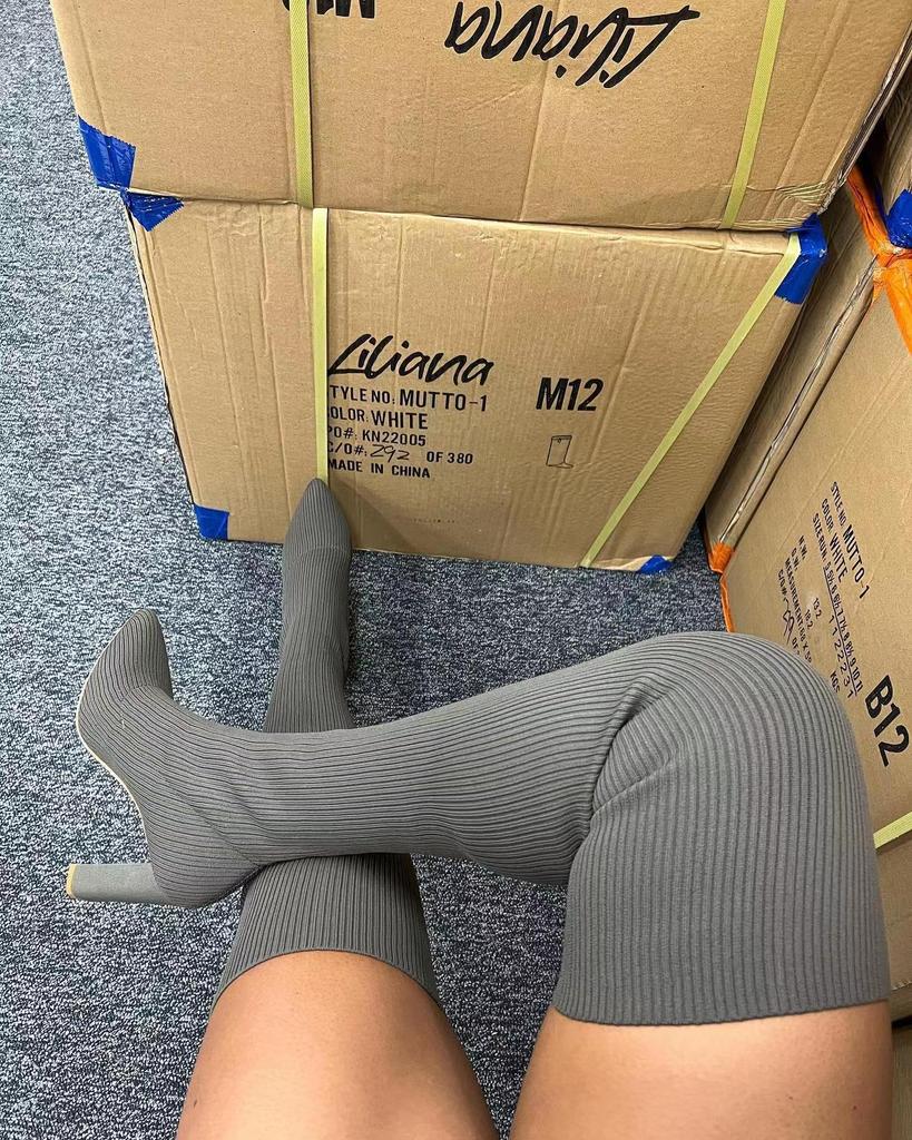 Сапоги-носки из вязаной шерсти на высоком каблуке выше колена для женщин, осень/зима