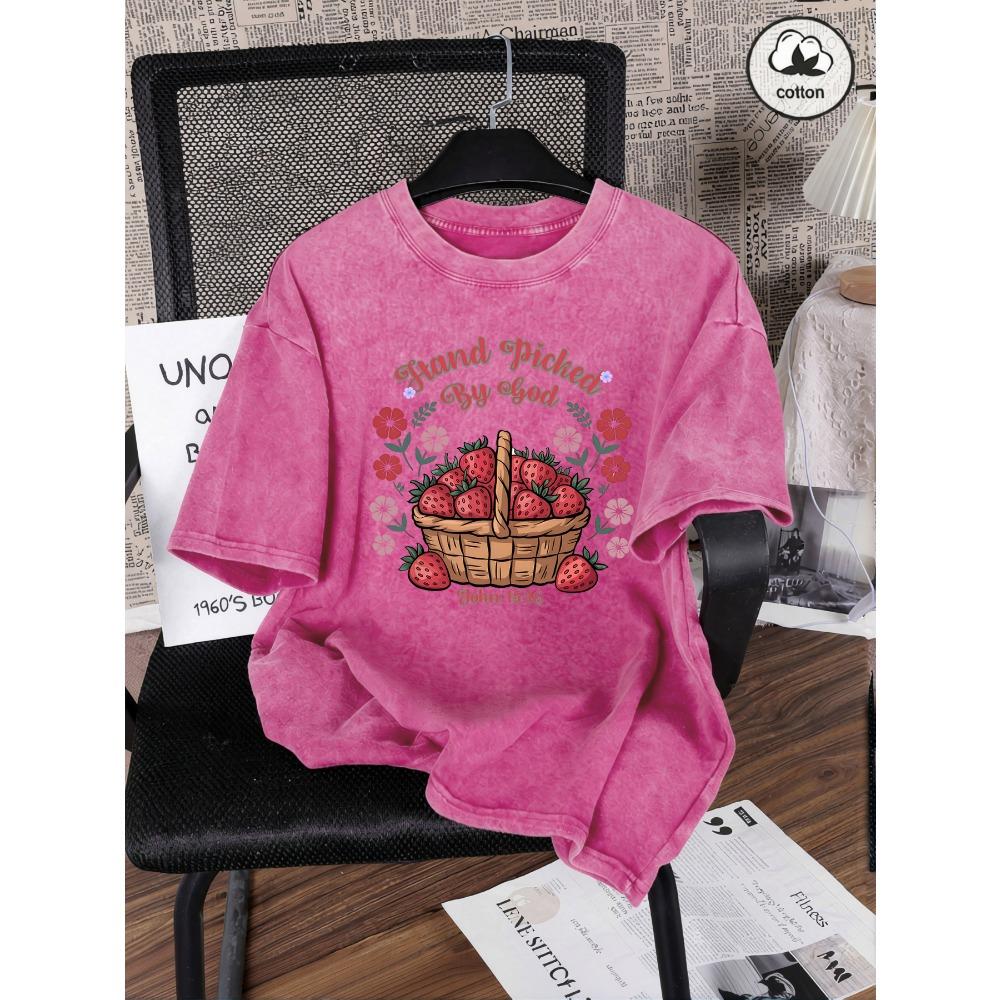 Женская washed футболка с принтом клубничных цветов, хлопок, летняя, спортивная одежда, свободная, короткий рукав
