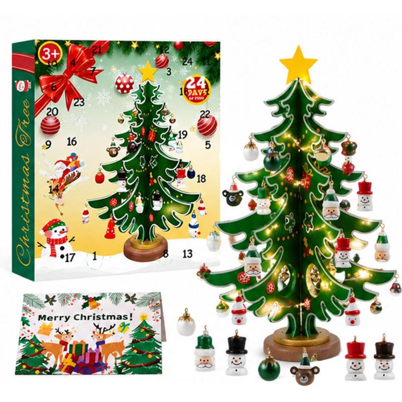 28cm Wooden Christmas Tree Advent Calendar LED Light Countdown DIY Blind Box Ornament Xmas Tabletop Home Decoration Gift