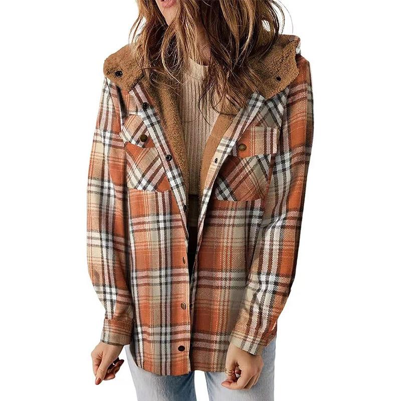Women's Winter Casual Plaid Hooded Tweed Coat Thickened Padded Warm Jacket Lamb Wool Lining
